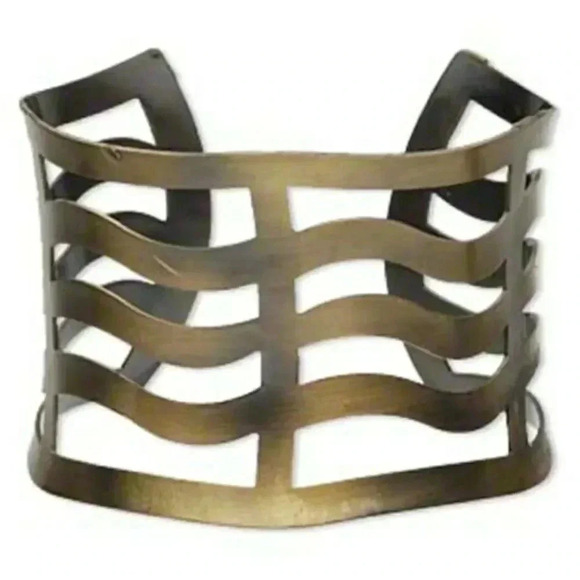 Mid Century Modernist Style Antiqued Brass Wave Cutout 48mm Wide Cuff Bracelet - Picture 1 of 1
